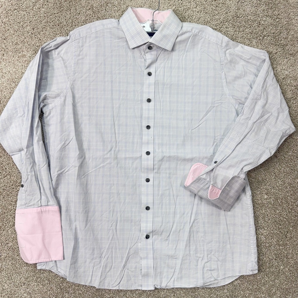 Proper Cloth Dress Shirt Mens XL Plaid Blue Grey Pink Contrast EUC